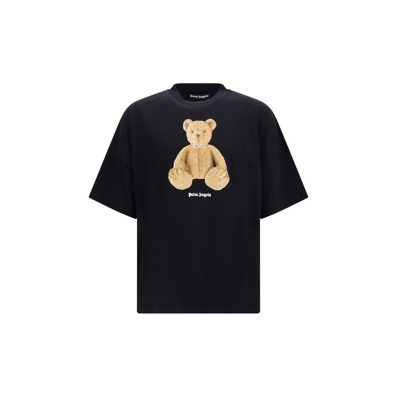 Palm Angels Black Cotton T-Shirt with Bear Print