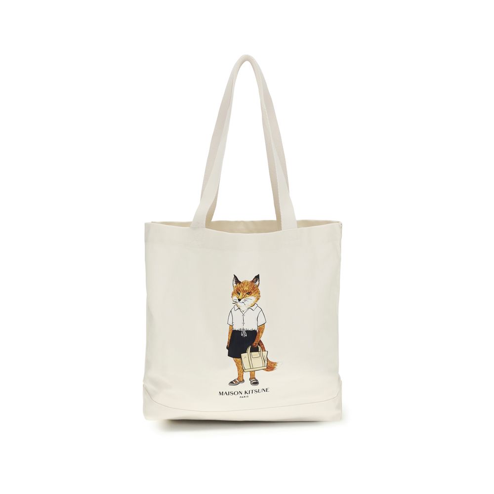 Maison Kitsuné Dressed Fox Beige Cotton Tote Bag