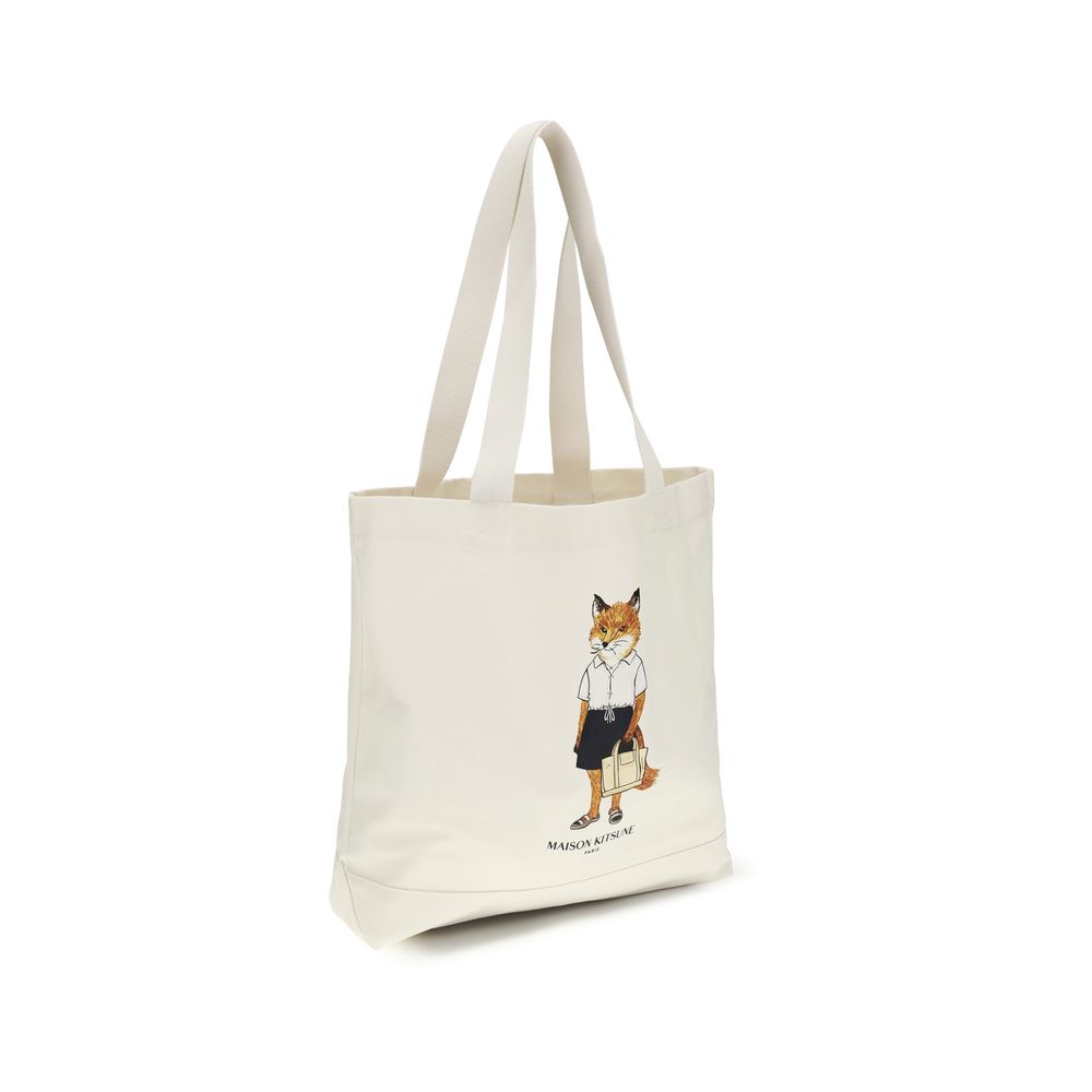 Maison Kitsuné Dressed Fox Beige Cotton Tote Bag