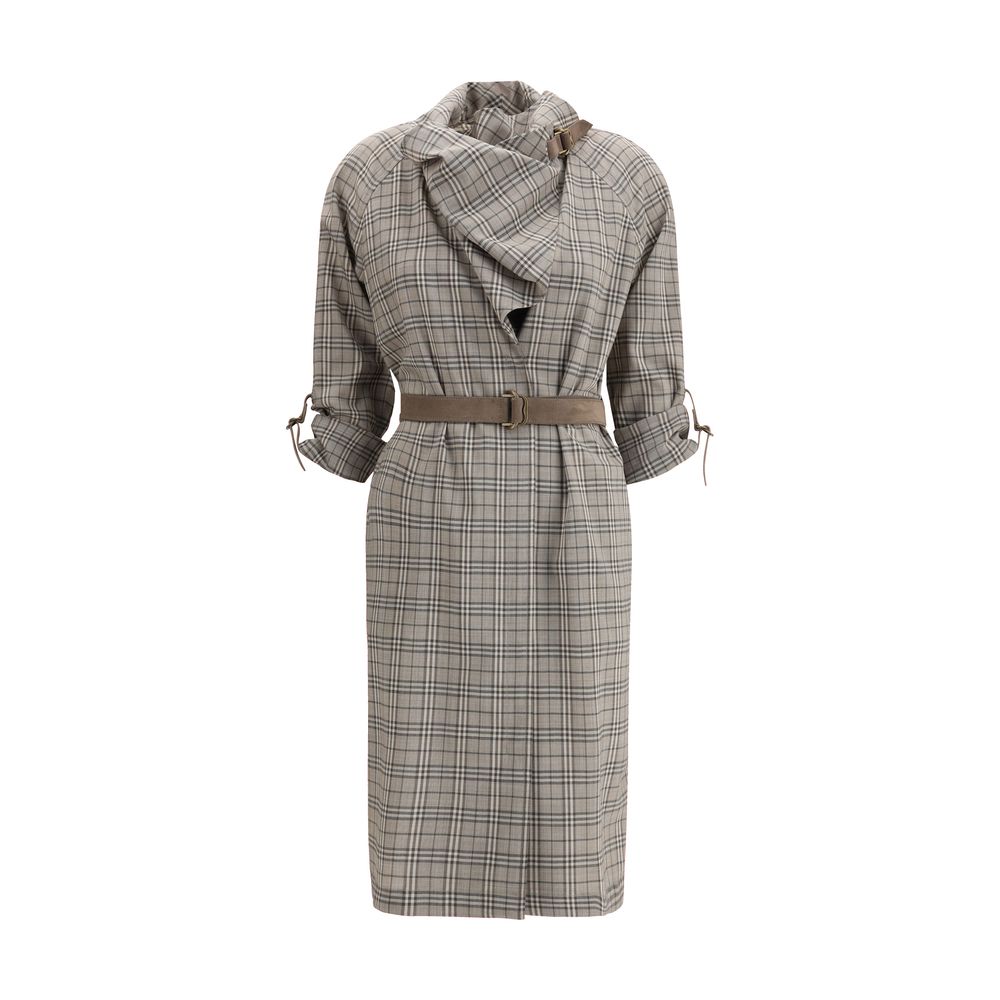 Burberry Gray Wool Check Dress with Shawl Collar