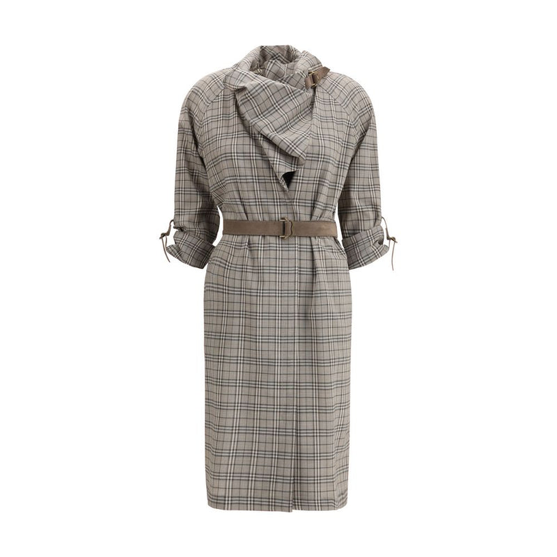 Burberry Gray Wool Check Dress with Shawl Collar