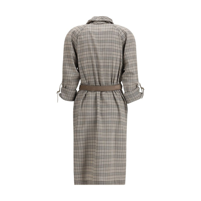 Burberry Gray Wool Check Dress with Shawl Collar