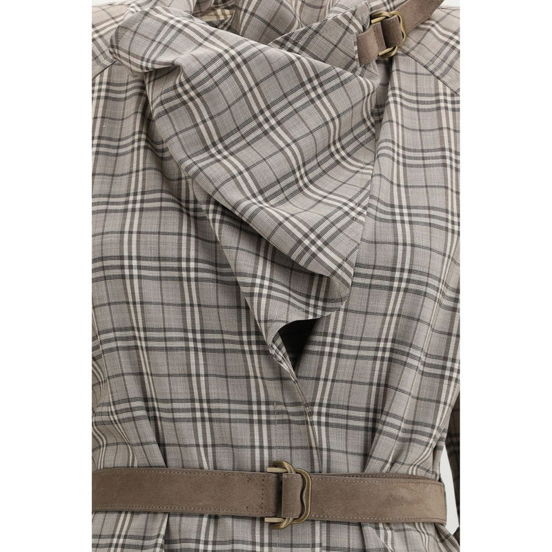 Burberry Gray Wool Check Dress with Shawl Collar