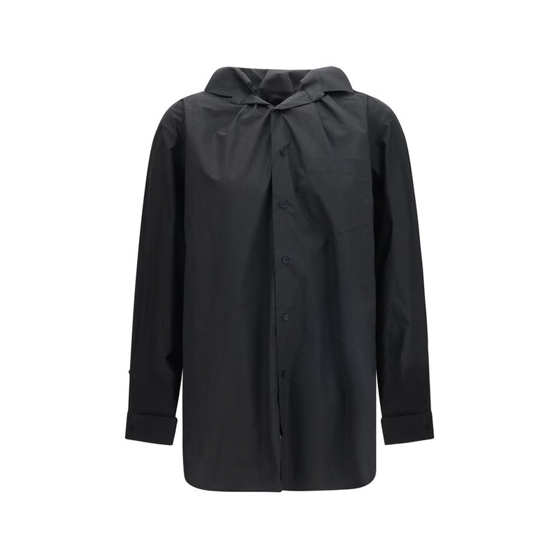 ALAINPAUL Black Cotton Shirt with Elegant Hood-Like Collar