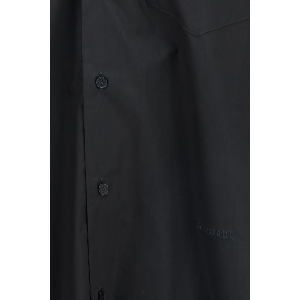 ALAINPAUL Black Cotton Shirt with Elegant Hood-Like Collar