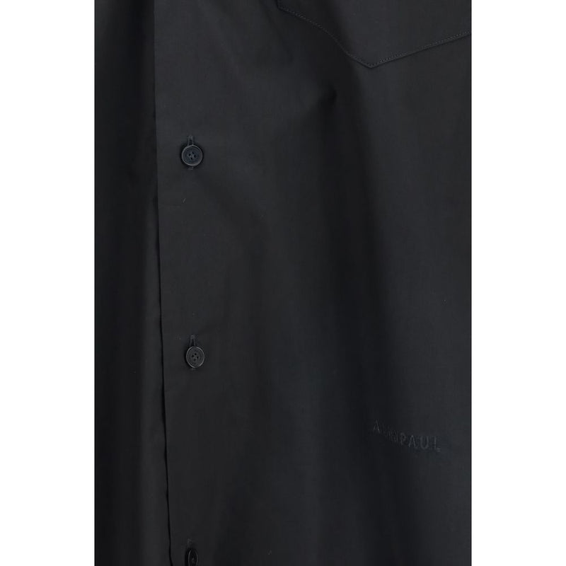 ALAINPAUL Black Cotton Shirt with Elegant Hood-Like Collar