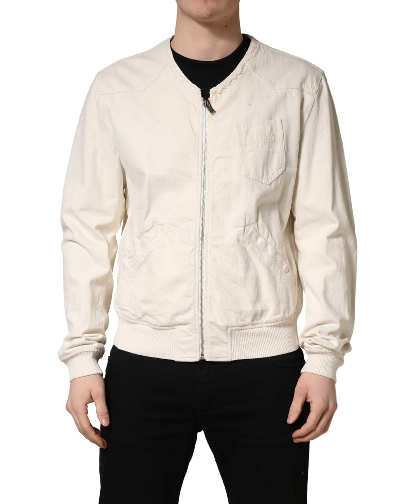 Veste Blouson Dolce & Gabbana en Denim de Coton Écru Entièrement Zippée
