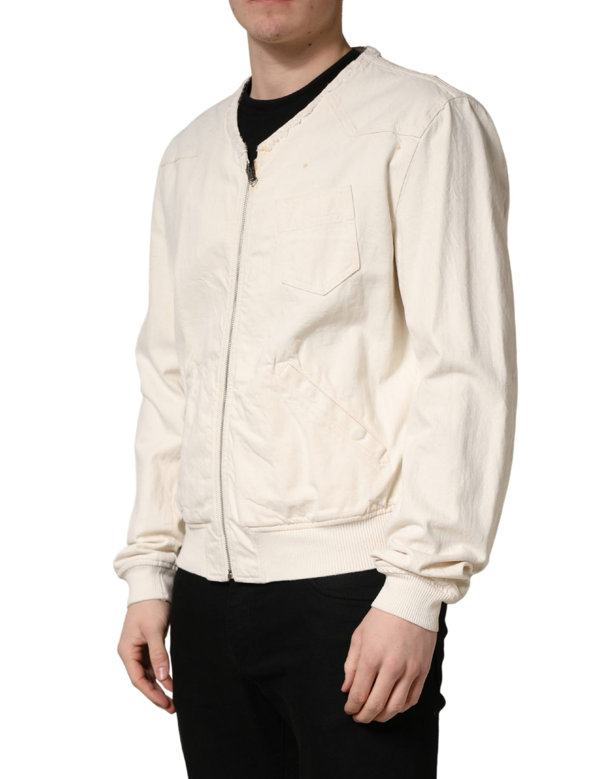 Veste Blouson Dolce & Gabbana en Denim de Coton Écru Entièrement Zippée