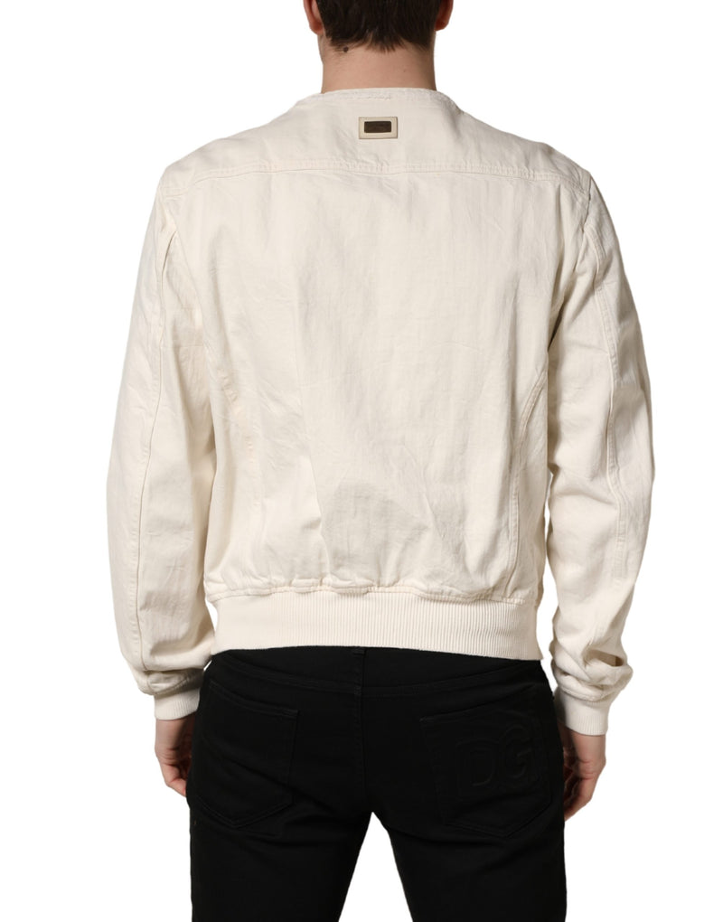Veste Blouson Dolce & Gabbana en Denim de Coton Écru Entièrement Zippée
