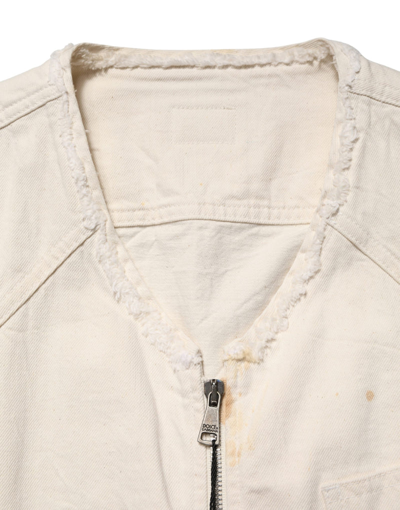 Veste Blouson Dolce & Gabbana en Denim de Coton Écru Entièrement Zippée