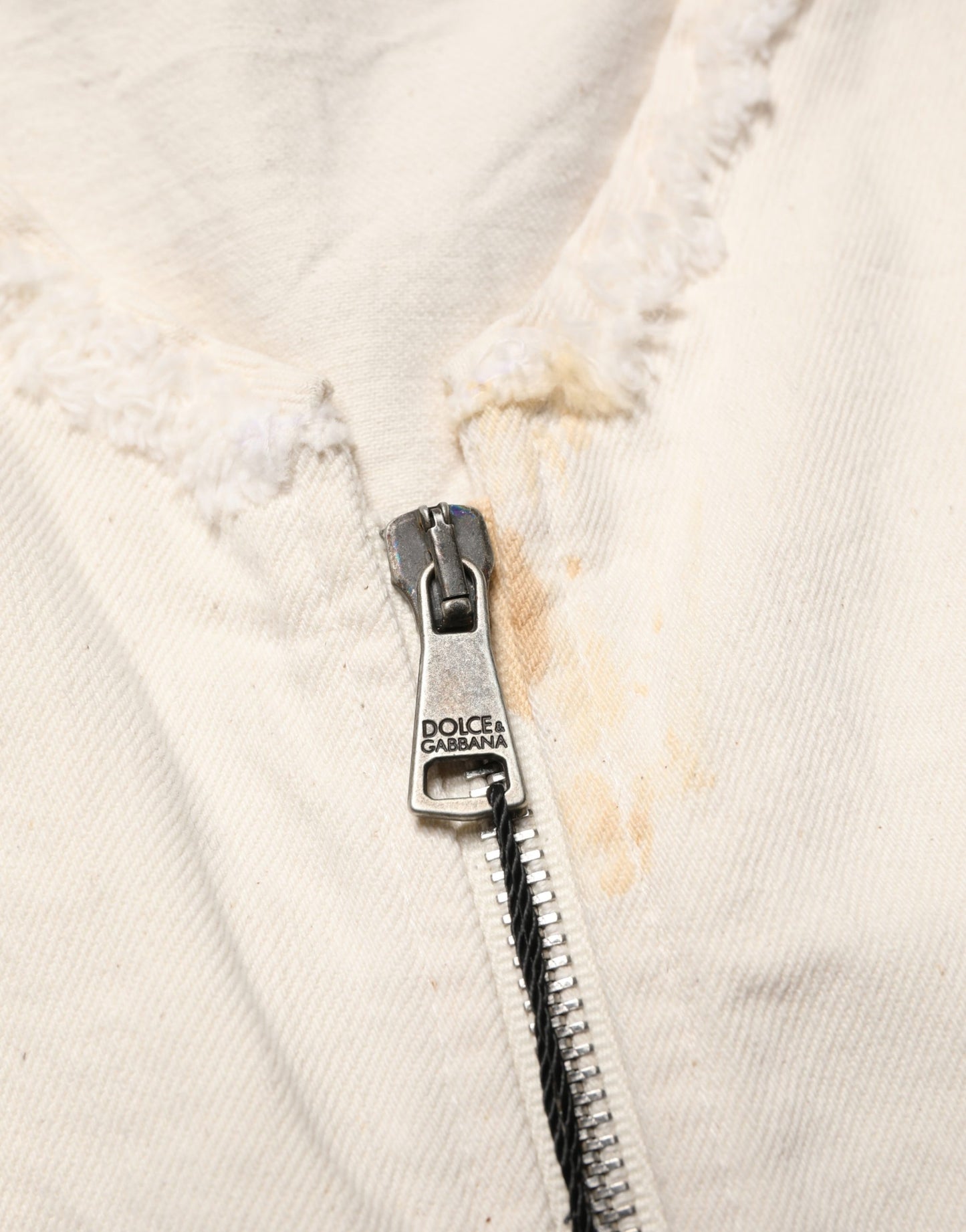 Veste Blouson Dolce & Gabbana en Denim de Coton Écru Entièrement Zippée