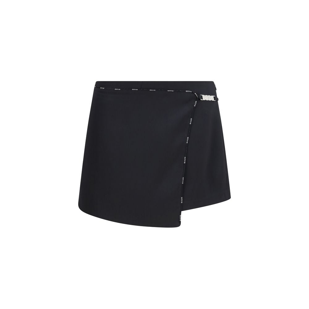 GCDS Black Satin Mini Skirt-Shorts with Logo Trim