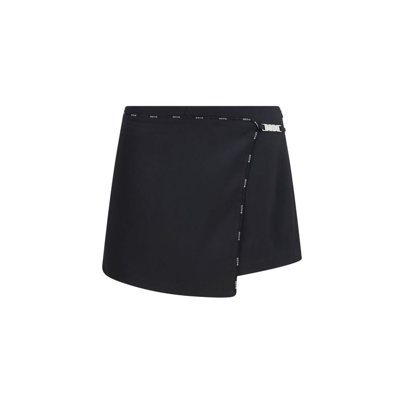 GCDS Black Satin Mini Skirt-Shorts with Logo Trim