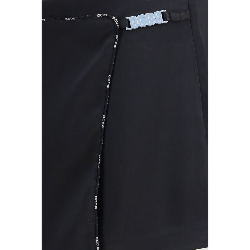 GCDS Black Satin Mini Skirt-Shorts with Logo Trim