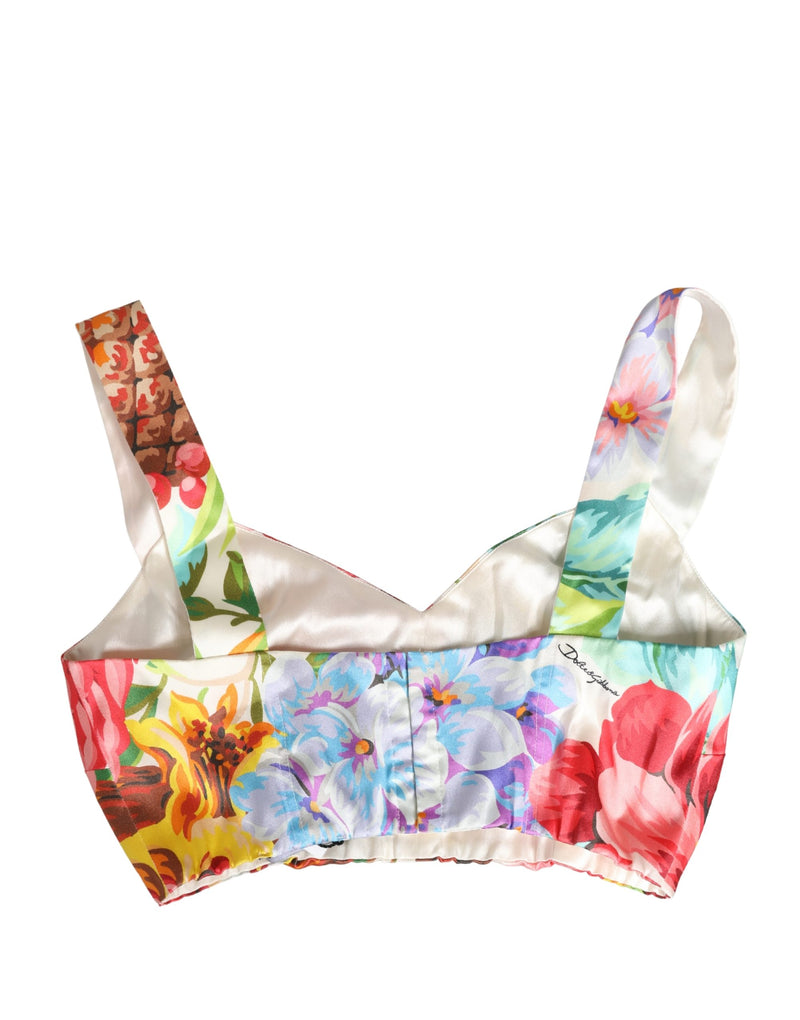 Dolce & Gabbana Multicolor Floral Print Silk Cropped Bustier Top