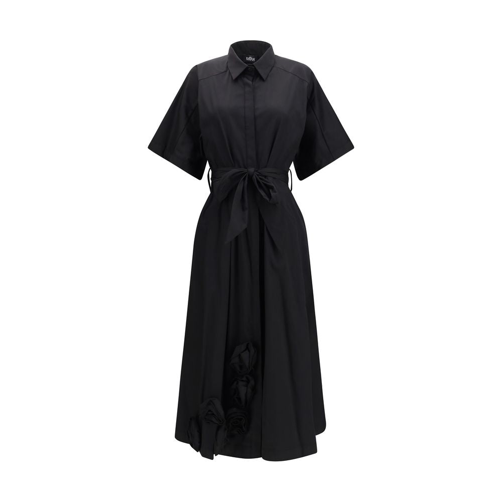 Ella Black Cotton Casual Dress - Elegant Long Chemisier