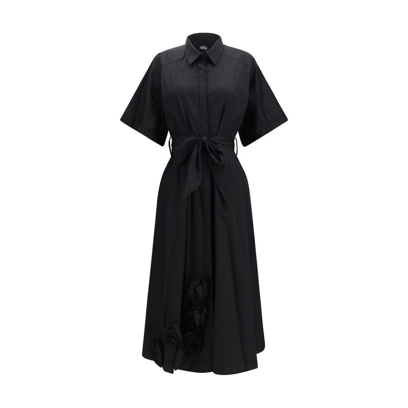 Ella Black Cotton Casual Dress - Elegant Long Chemisier