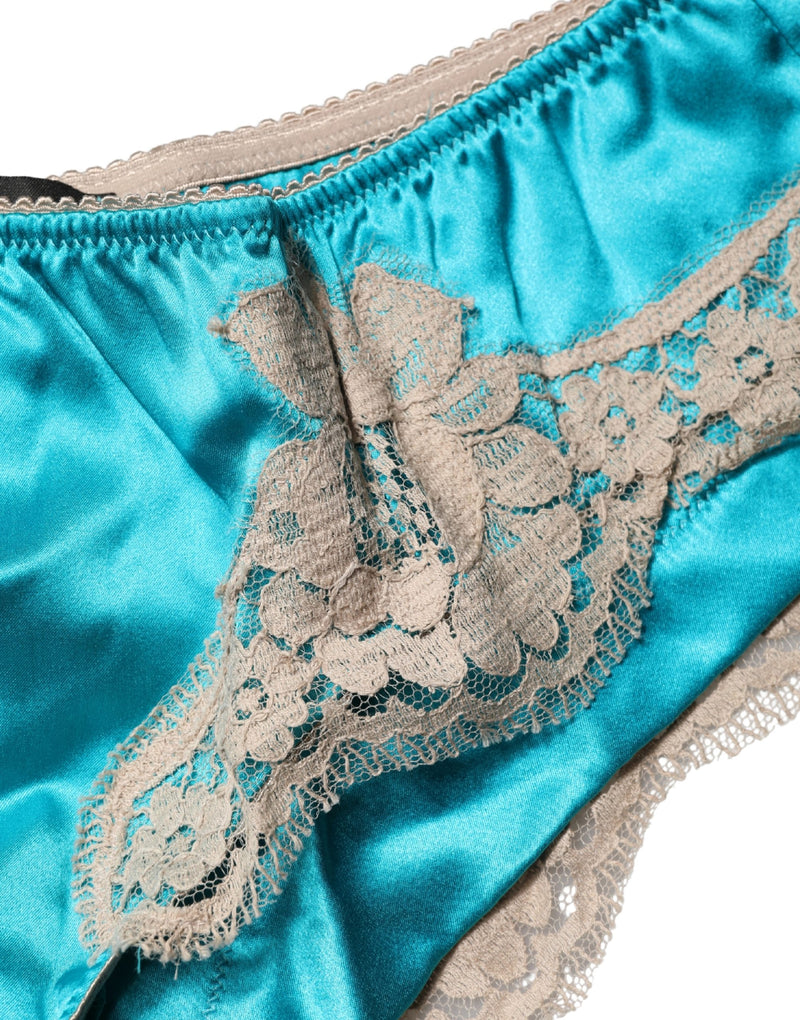Dolce & Gabbana Blue Silk Satin Floral Lace Panty Briefs
