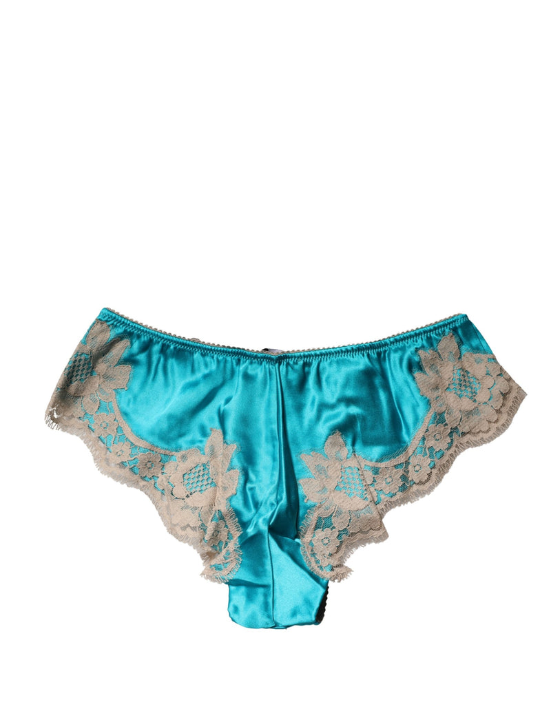 Dolce & Gabbana Blue Silk Satin Floral Lace Panty Briefs