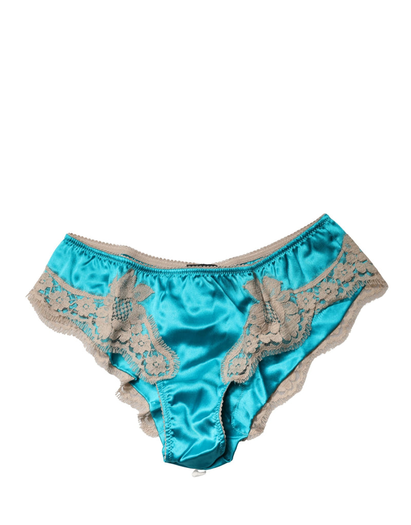 Dolce & Gabbana Blue Silk Satin Floral Lace Panty Briefs