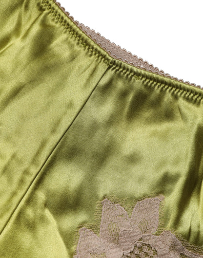 Dolce & Gabbana Underwear Green Silk Satin Floral Lace Panty Brief