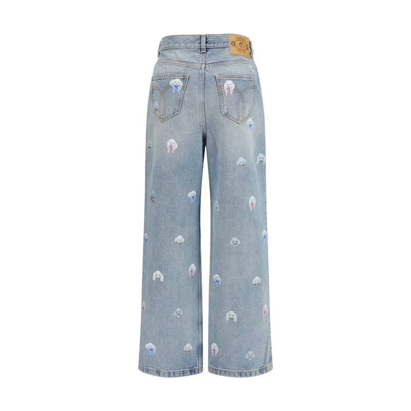 Fiorucci Blue Cotton Relaxed Fit Jeans with Poodle Print