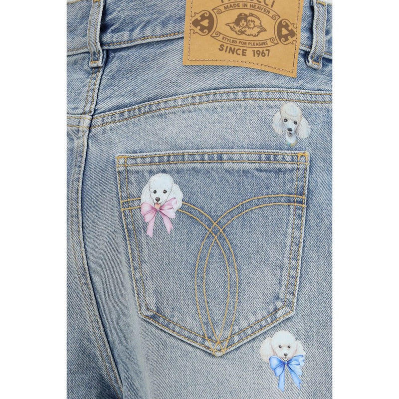 Fiorucci Blue Cotton Relaxed Fit Jeans with Poodle Print