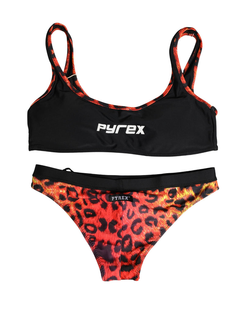 Pyrex Black Top with Orange Leopard Print Bottom 2 Piece Swimwear