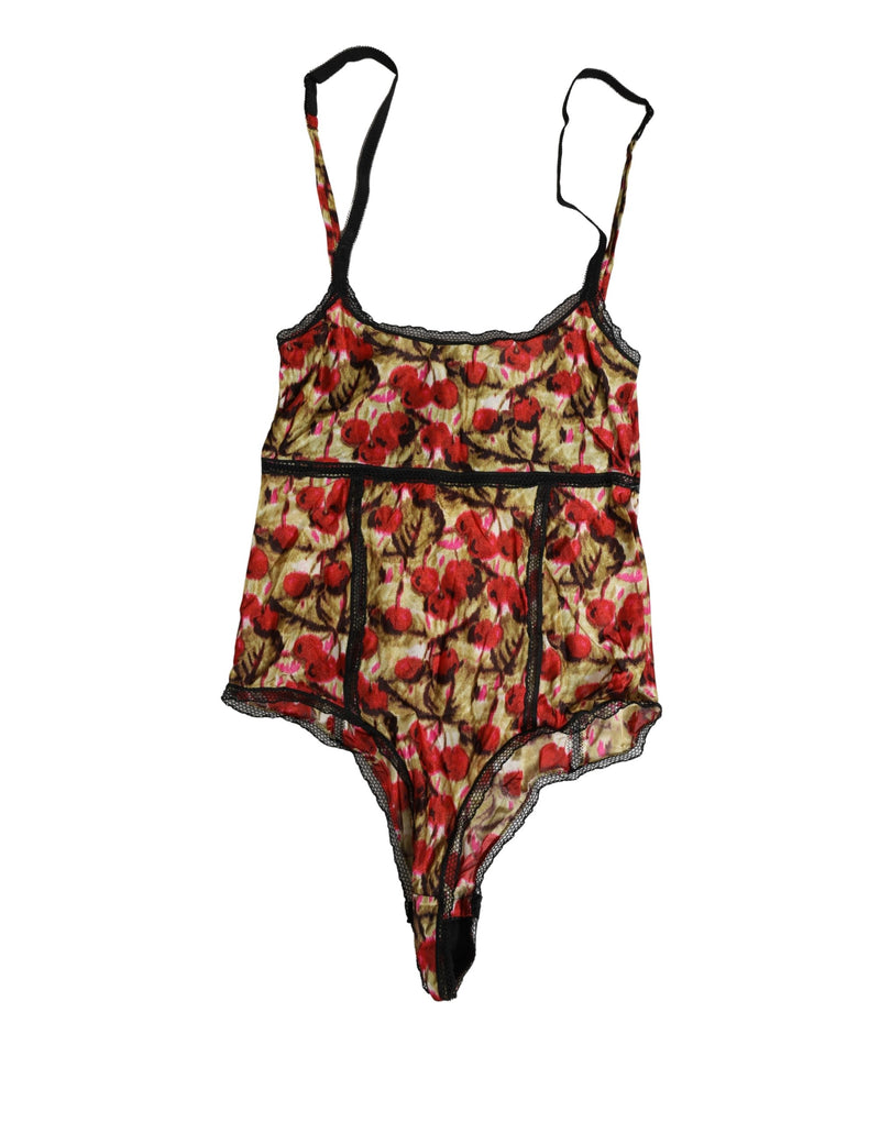 Roberto Cavalli Multicolor Cherry Print Lace Bodysuit