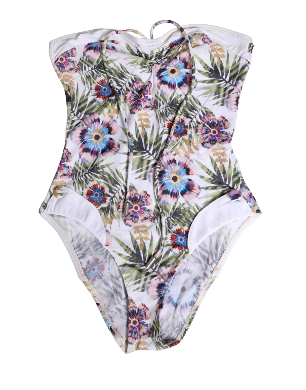 John Galliano White Floral Print Strapless One-Piece Swimsuit