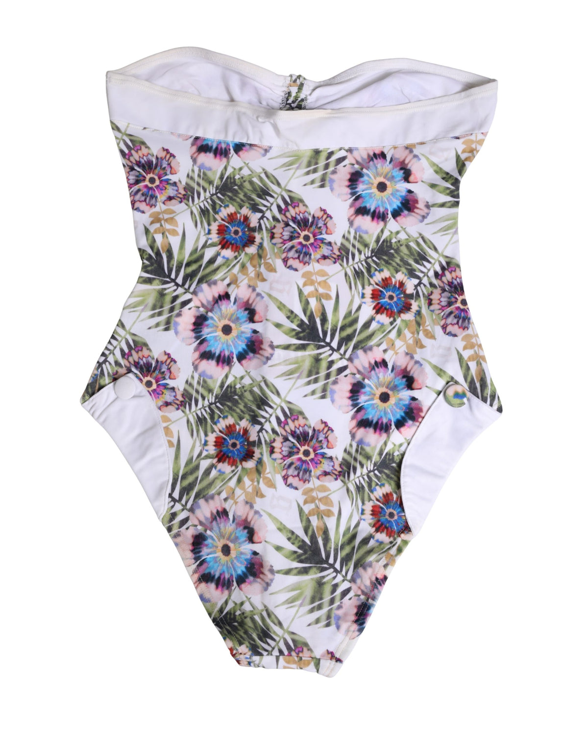 John Galliano White Floral Print Strapless One-Piece Swimsuit