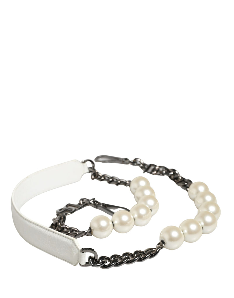 Dolce & Gabbana White Leather Silver Chain Shoulder Strap