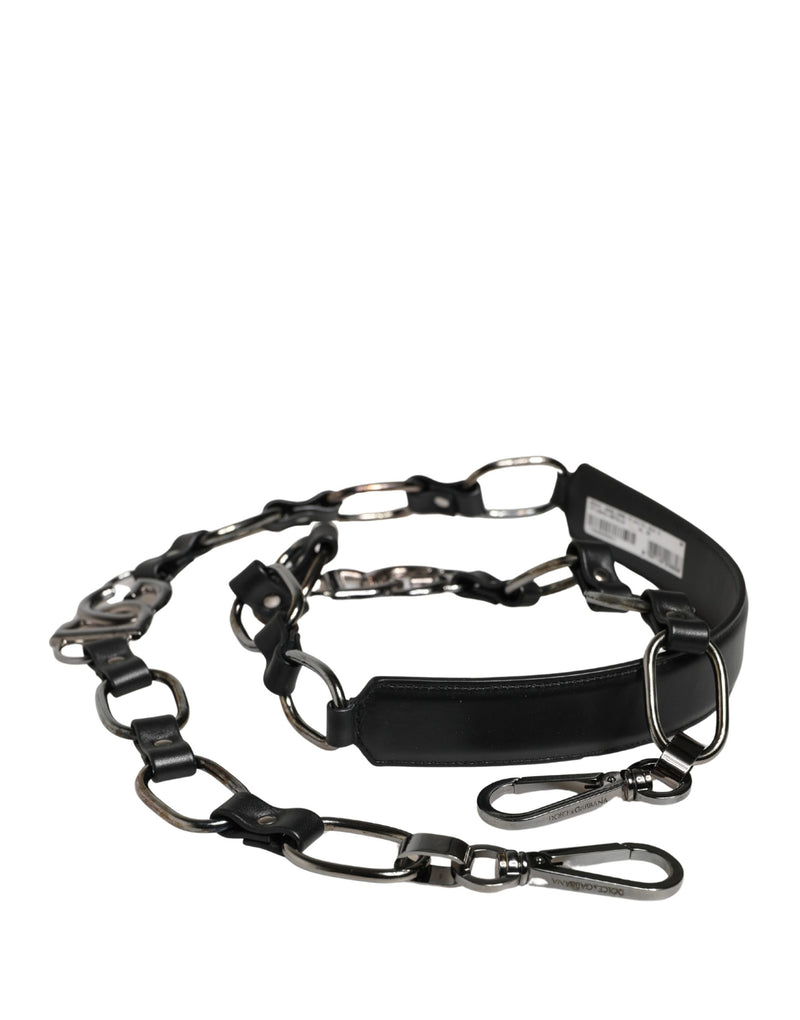 Dolce & Gabbana Black Leather Silver Chain Shoulder Strap
