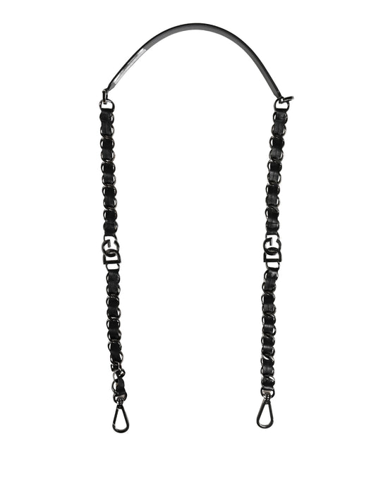 Dolce & Gabbana Black Leather Shoulder Strap with Silver Chain