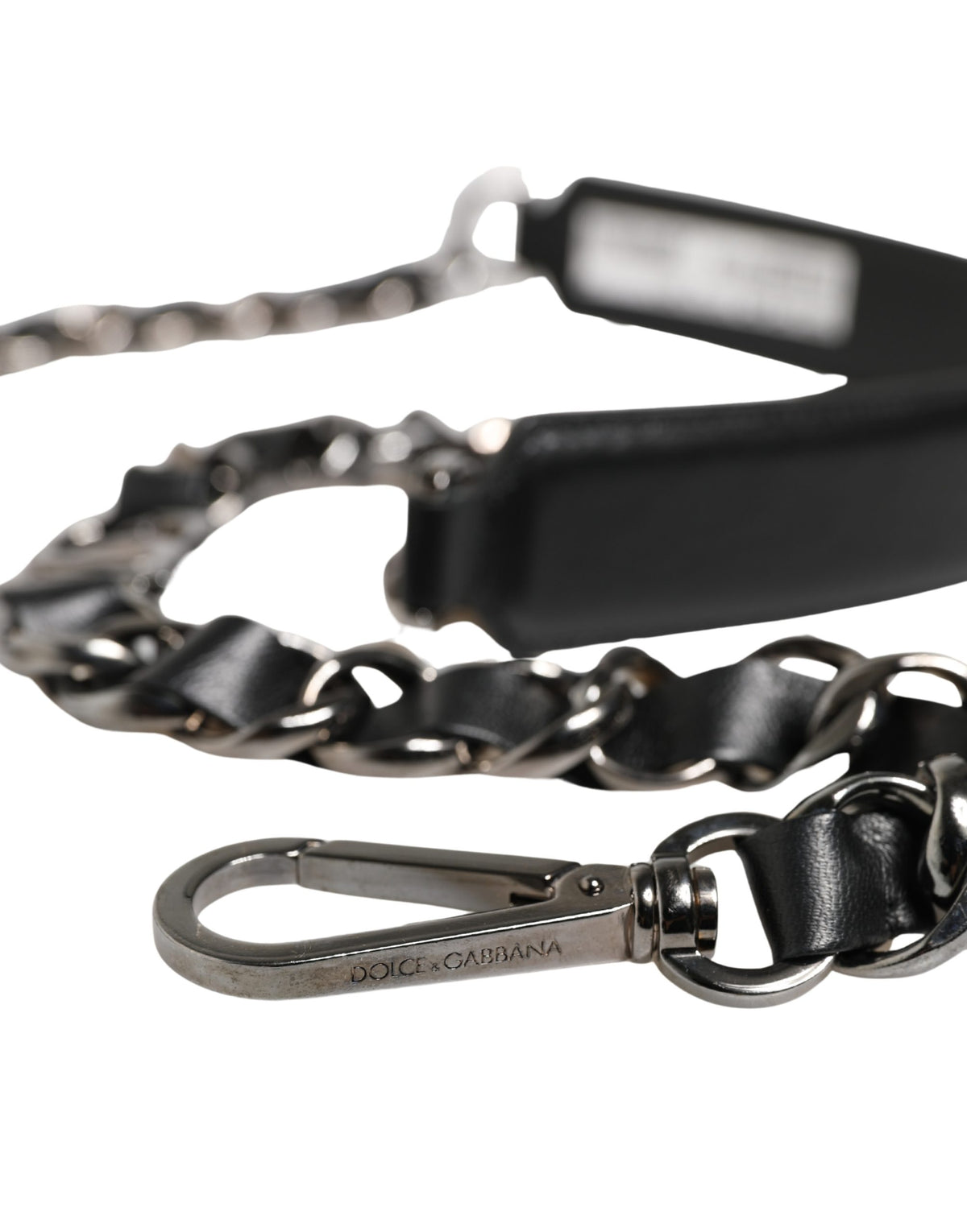 Dolce & Gabbana Black Leather Shoulder Strap with Silver Chain