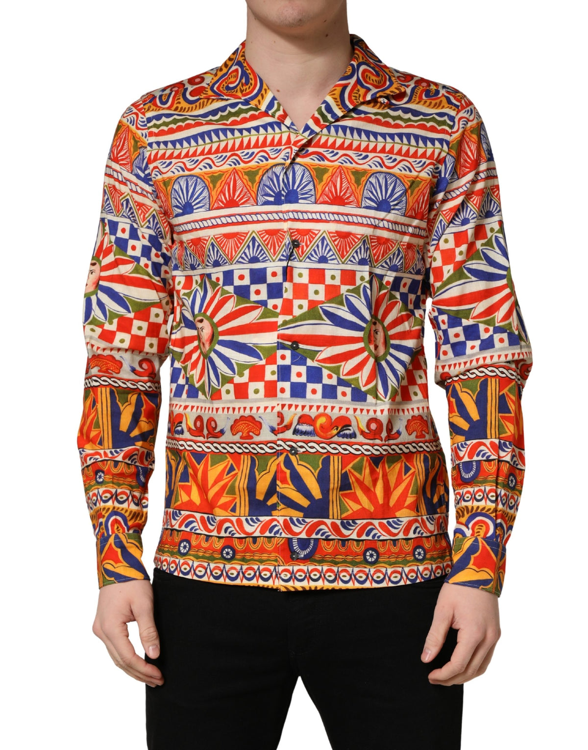 Chemise Homme en Coton Sergé Dolce & Gabbana Multicolore Motif Carretto Siciliano