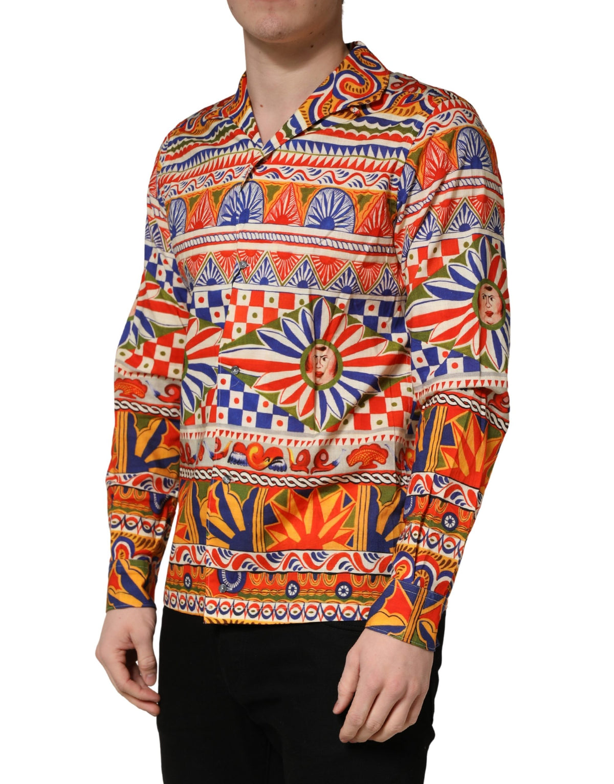 Chemise Homme en Coton Sergé Dolce & Gabbana Multicolore Motif Carretto Siciliano