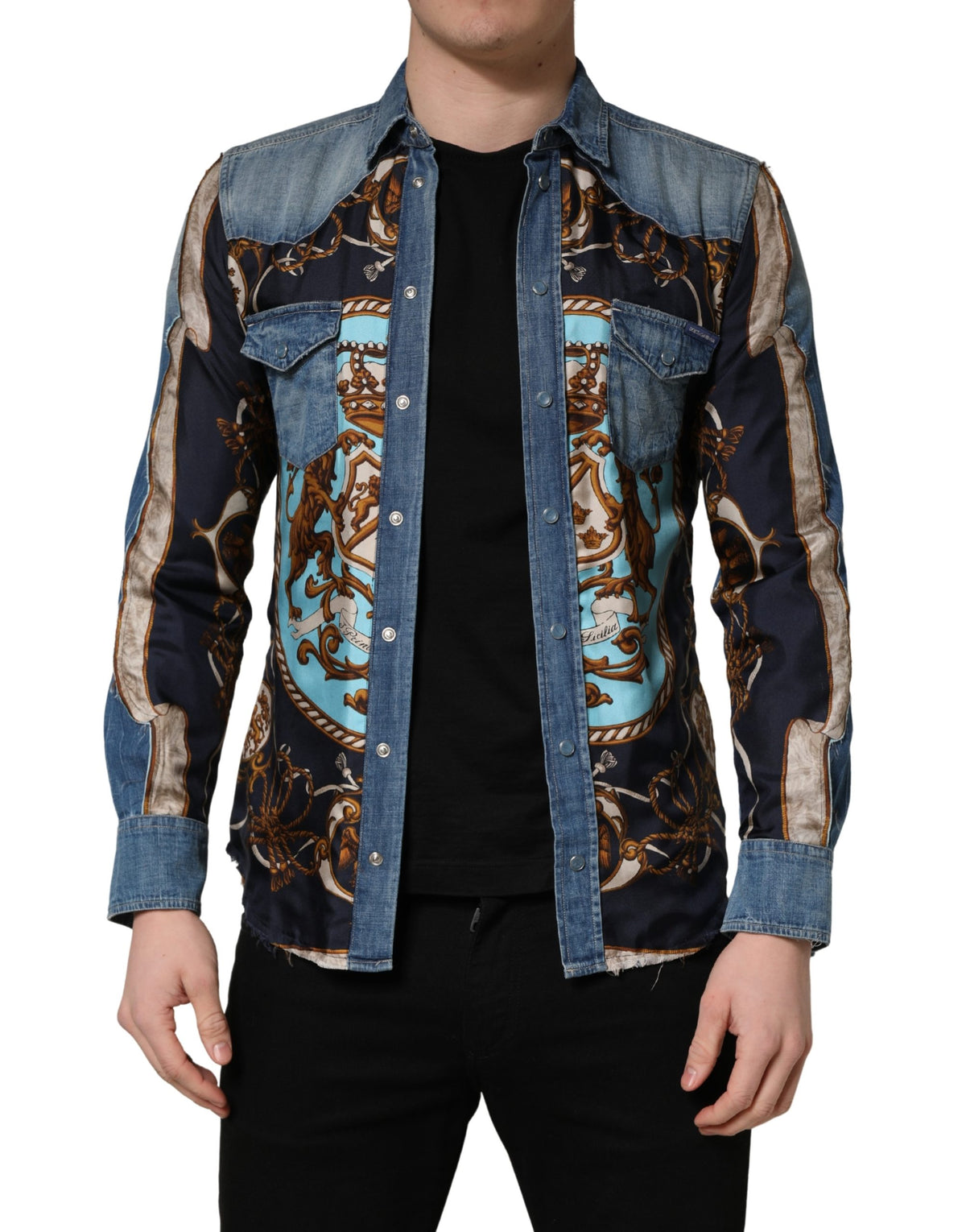 Chemise en jean à boutons en coton bleu style baroque Dolce & Gabbana