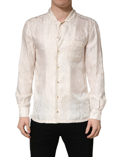 Chemise Blanche en Soie à Manches Longues et Imprimé Logo Ton sur Ton Dolce & Gabbana