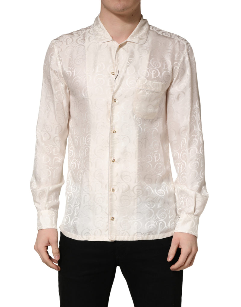 Dolce & Gabbana White Silk Long Sleeve Tonal Logo Print Shirt