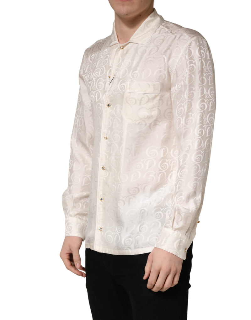 Dolce & Gabbana White Silk Long Sleeve Tonal Logo Print Shirt