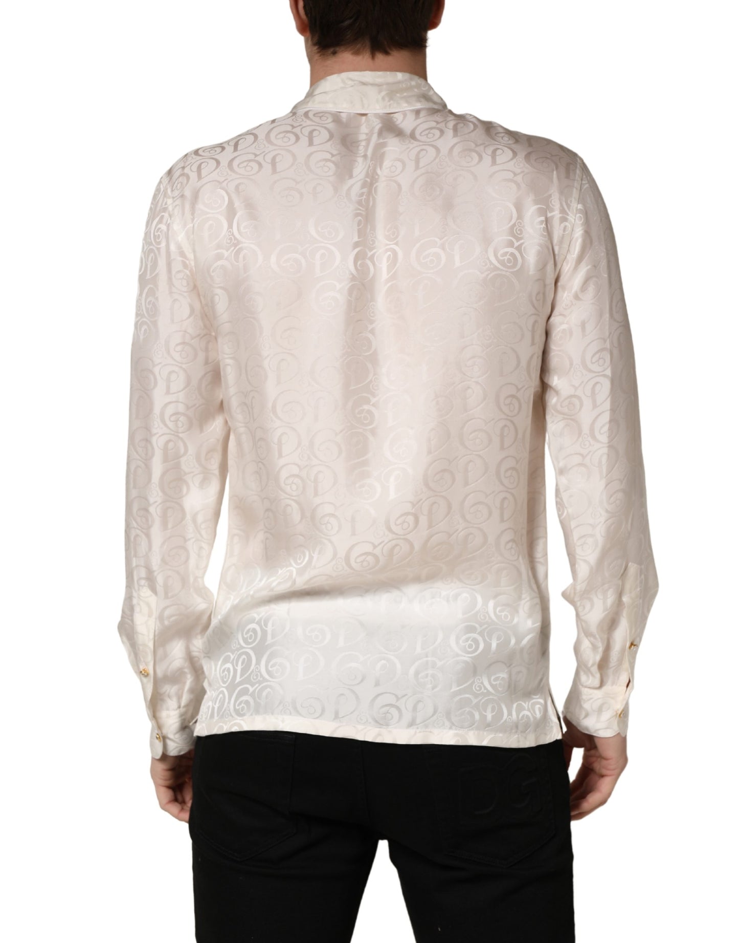 Chemise Blanche en Soie à Manches Longues et Imprimé Logo Ton sur Ton Dolce & Gabbana