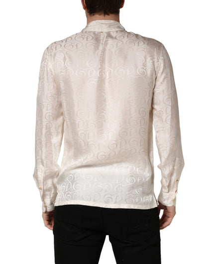 Chemise Blanche en Soie à Manches Longues et Imprimé Logo Ton sur Ton Dolce & Gabbana