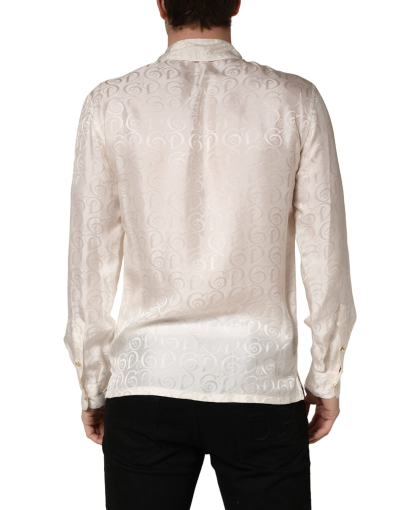 Dolce & Gabbana White Silk Long Sleeve Tonal Logo Print Shirt