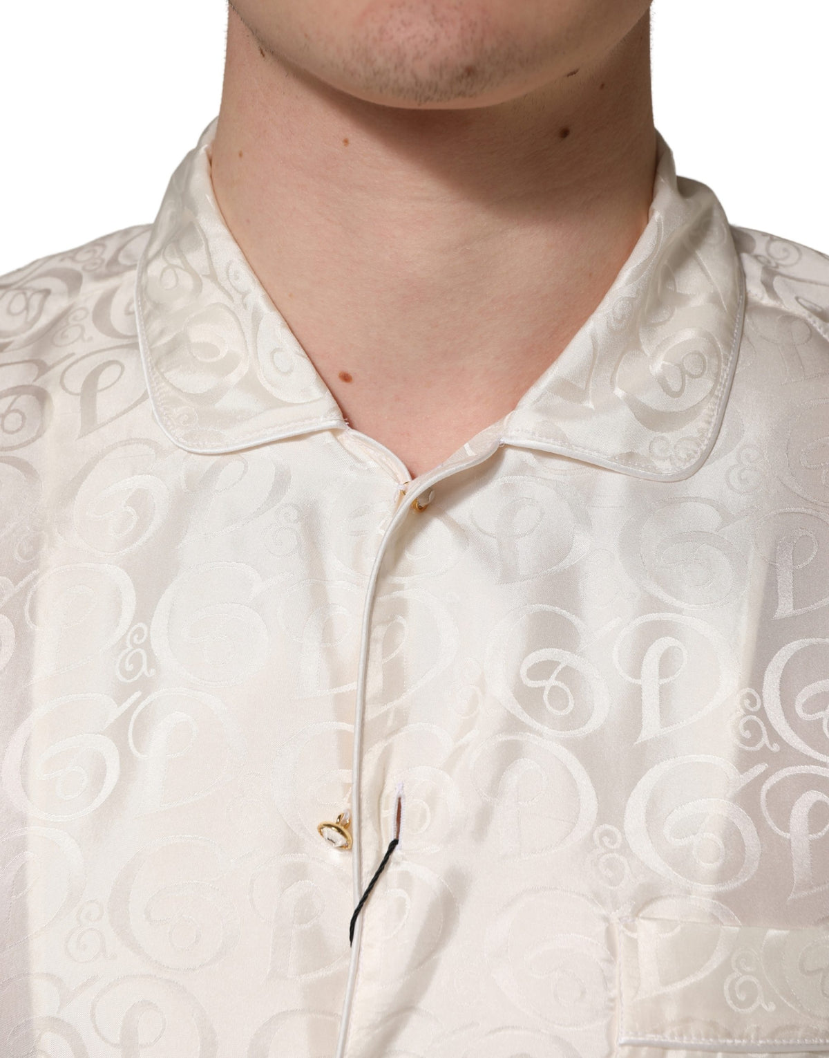 Chemise Blanche en Soie à Manches Longues et Imprimé Logo Ton sur Ton Dolce & Gabbana