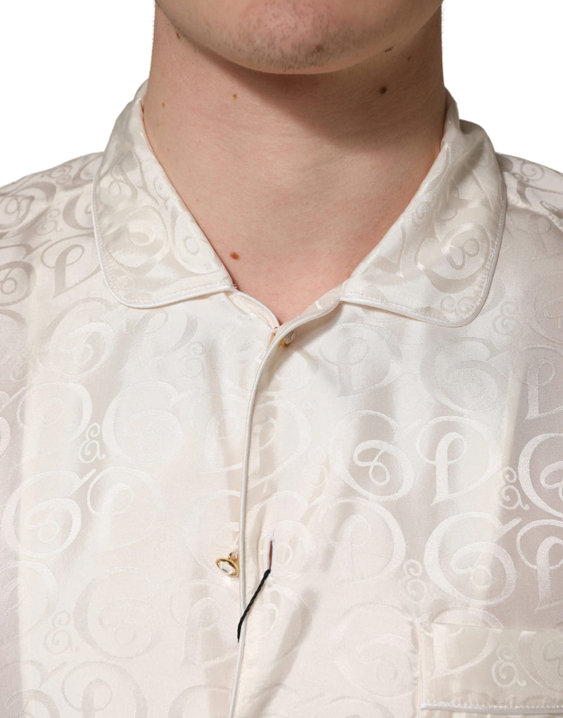 Dolce & Gabbana White Silk Long Sleeve Tonal Logo Print Shirt