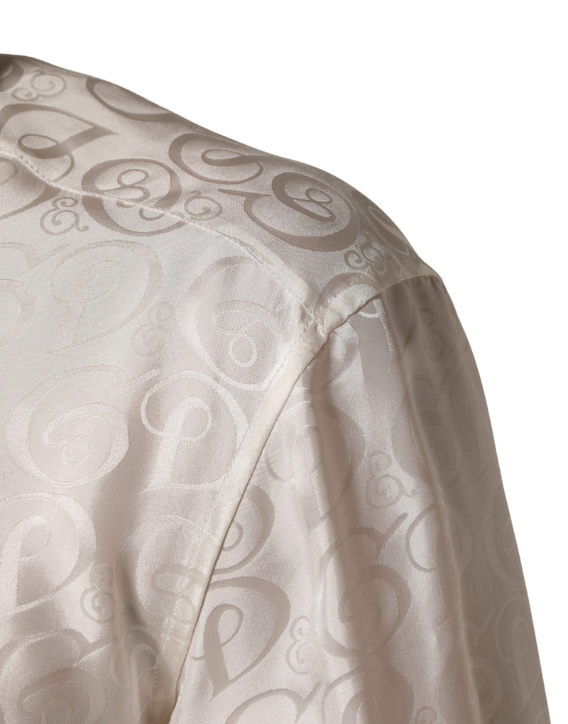 Dolce & Gabbana White Silk Long Sleeve Tonal Logo Print Shirt