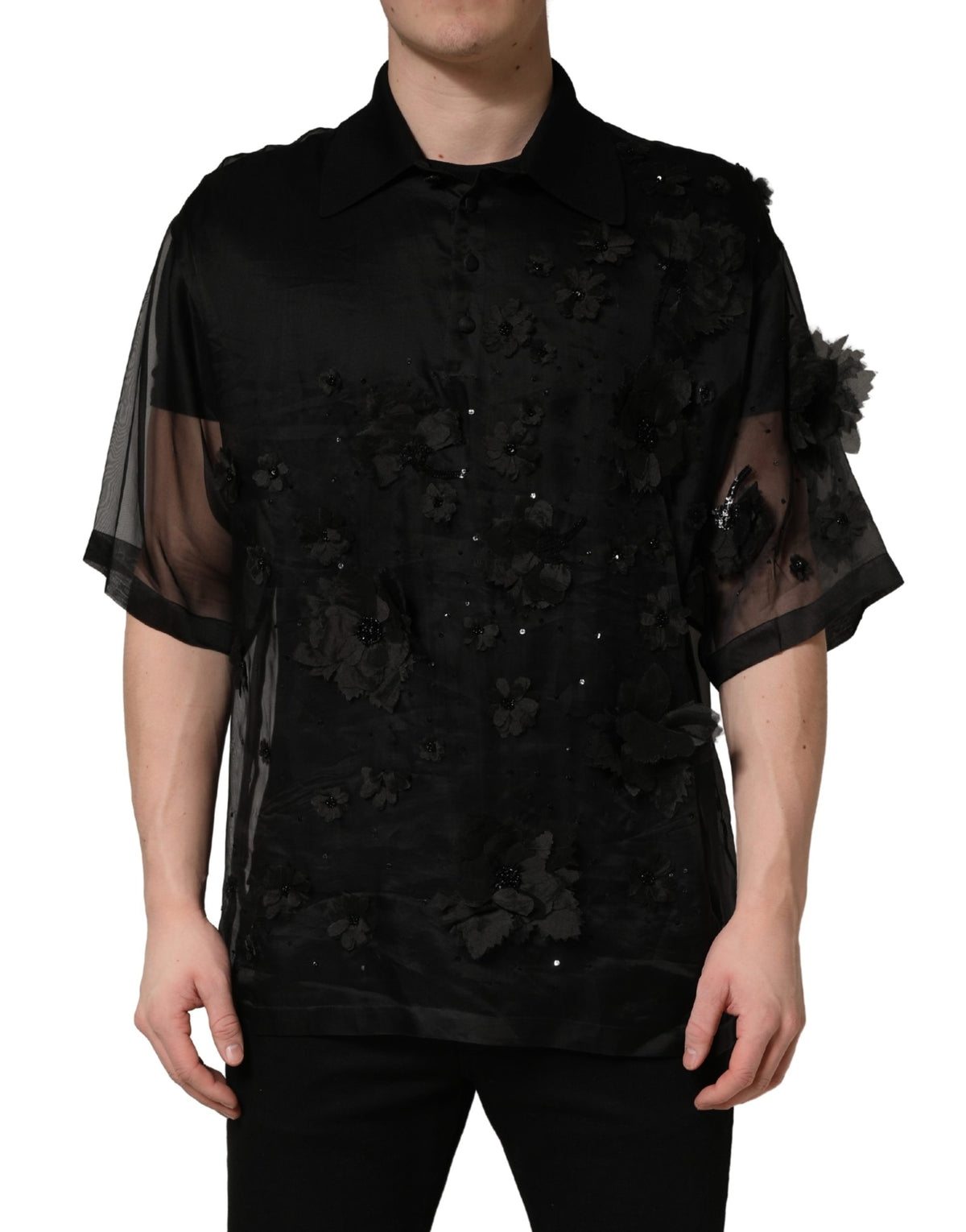 Chemise à manches courtes transparente noire ornée d'appliqués floraux Dolce & Gabbana