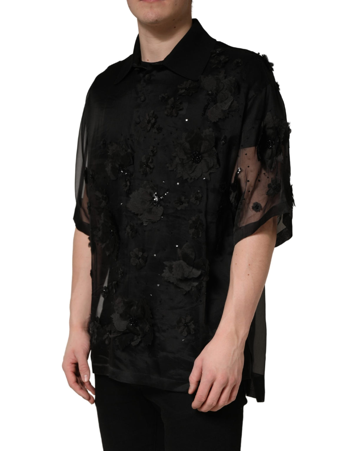 Chemise à manches courtes transparente noire ornée d'appliqués floraux Dolce & Gabbana
