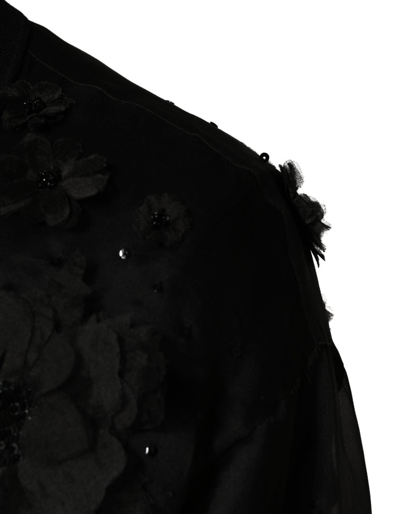 Dolce & Gabbana Black Floral Applique Sheer Short Sleeve Shirt